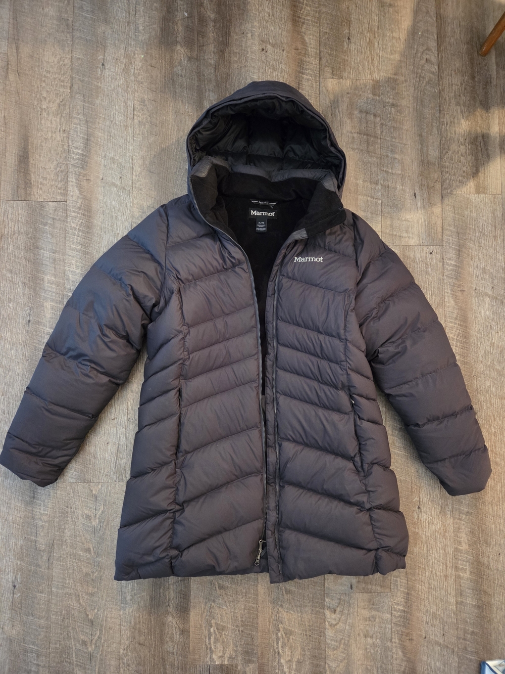 Marmot Womens Hooded Long Puffer Coat in Dark Charcoal